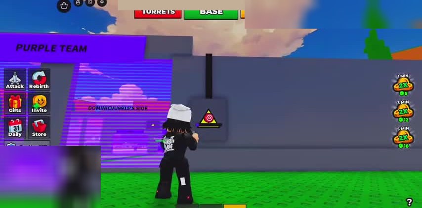 Exterior wall power target with bullseye beside purple laser entrance